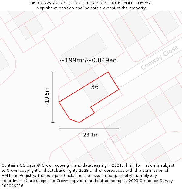 36, CONWAY CLOSE, HOUGHTON REGIS, DUNSTABLE, LU5 5SE: Plot and title map