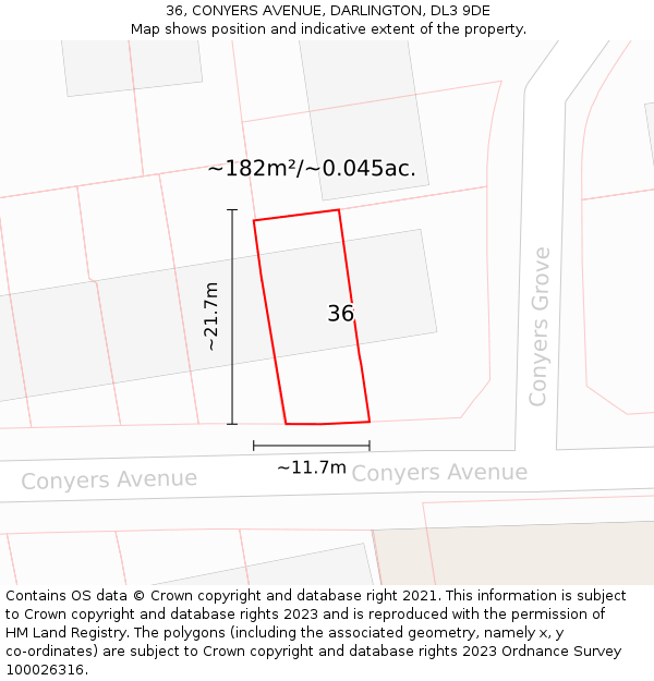 36, CONYERS AVENUE, DARLINGTON, DL3 9DE: Plot and title map