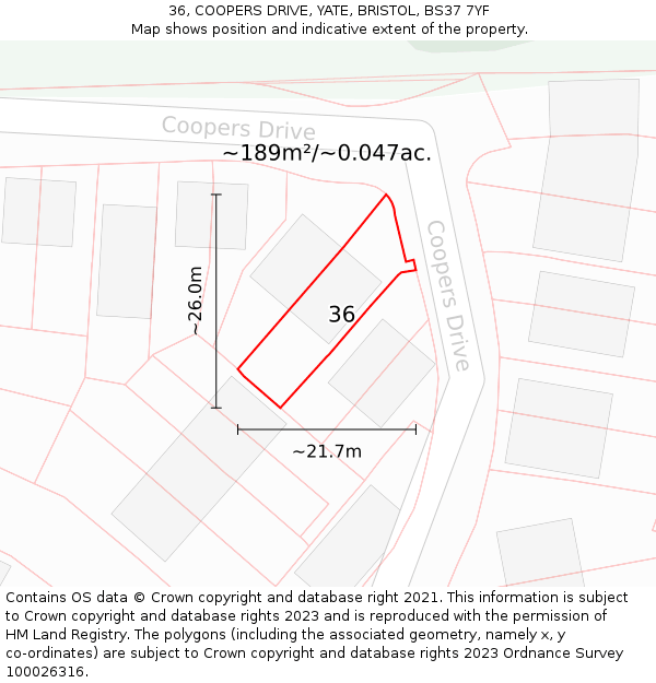 36, COOPERS DRIVE, YATE, BRISTOL, BS37 7YF: Plot and title map