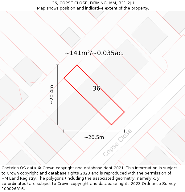 36, COPSE CLOSE, BIRMINGHAM, B31 2JH: Plot and title map