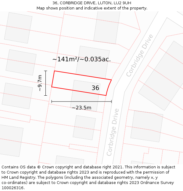 36, CORBRIDGE DRIVE, LUTON, LU2 9UH: Plot and title map