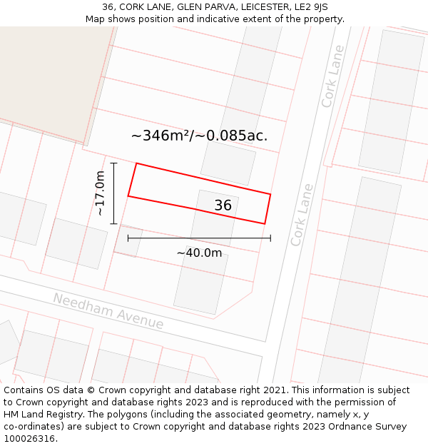36, CORK LANE, GLEN PARVA, LEICESTER, LE2 9JS: Plot and title map