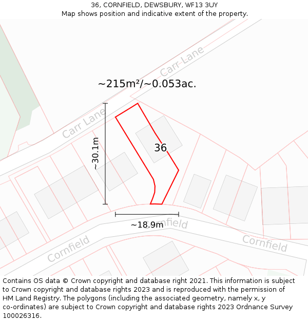 36, CORNFIELD, DEWSBURY, WF13 3UY: Plot and title map