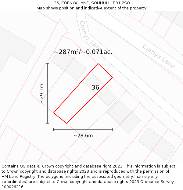 36, CORNYX LANE, SOLIHULL, B91 2SQ: Plot and title map