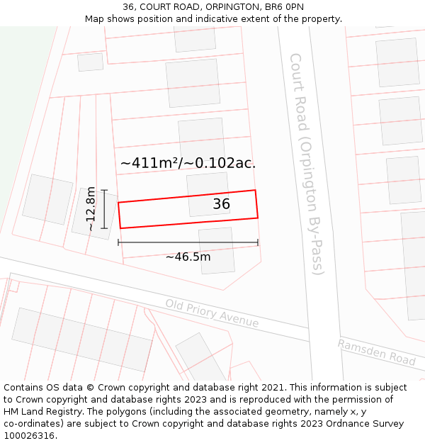 36, COURT ROAD, ORPINGTON, BR6 0PN: Plot and title map