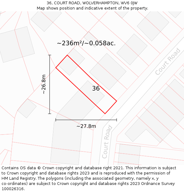 36, COURT ROAD, WOLVERHAMPTON, WV6 0JW: Plot and title map