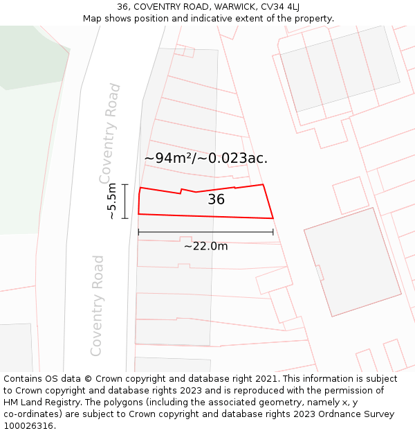 36, COVENTRY ROAD, WARWICK, CV34 4LJ: Plot and title map