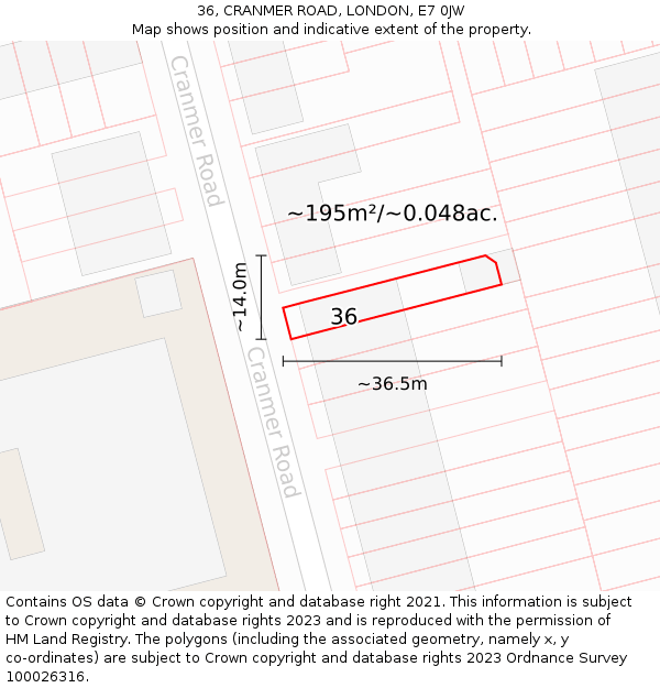 36, CRANMER ROAD, LONDON, E7 0JW: Plot and title map