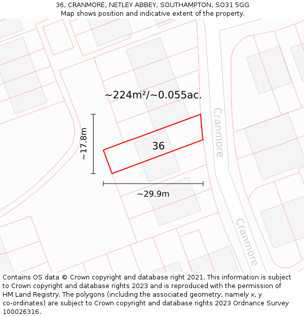 36, CRANMORE, NETLEY ABBEY, SOUTHAMPTON, SO31 5GG: Plot and title map