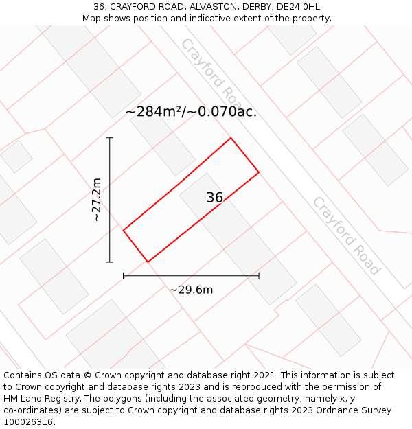 36, CRAYFORD ROAD, ALVASTON, DERBY, DE24 0HL: Plot and title map