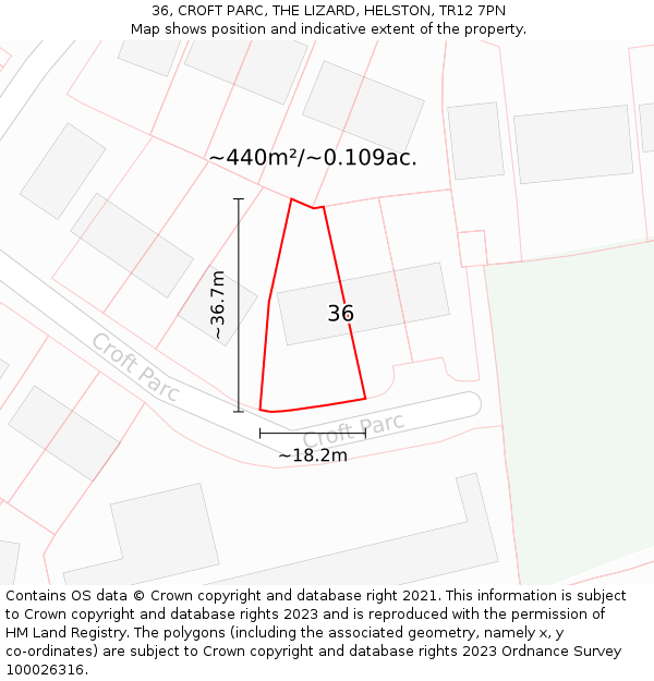 36, CROFT PARC, THE LIZARD, HELSTON, TR12 7PN: Plot and title map