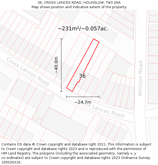 36, CROSS LANCES ROAD, HOUNSLOW, TW3 2AA: Plot and title map