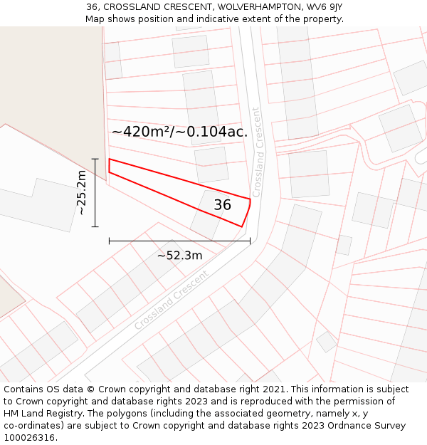 36, CROSSLAND CRESCENT, WOLVERHAMPTON, WV6 9JY: Plot and title map