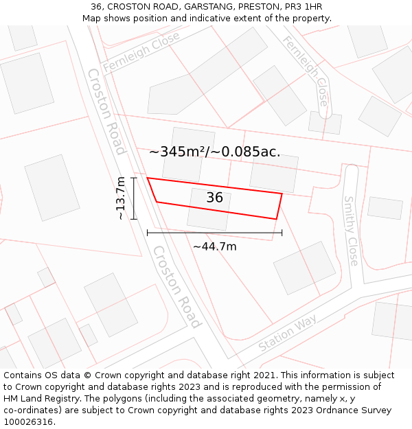 36, CROSTON ROAD, GARSTANG, PRESTON, PR3 1HR: Plot and title map