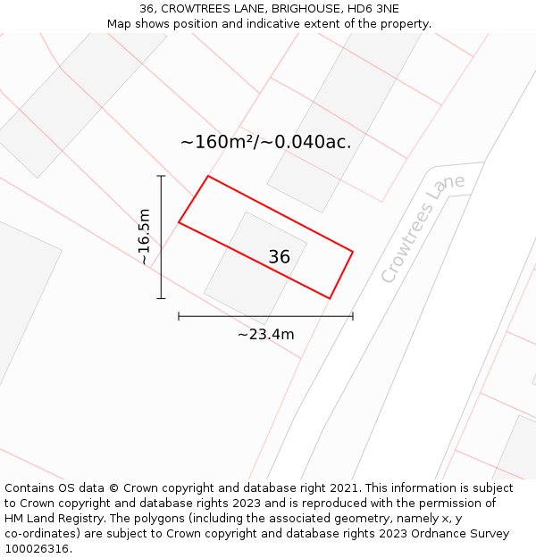 36, CROWTREES LANE, BRIGHOUSE, HD6 3NE: Plot and title map