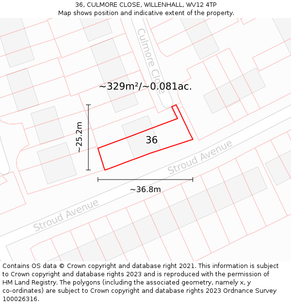 36, CULMORE CLOSE, WILLENHALL, WV12 4TP: Plot and title map