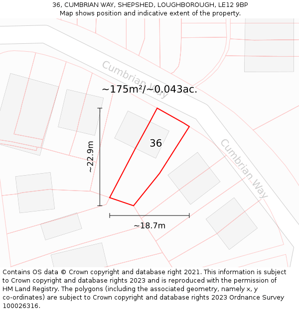 36, CUMBRIAN WAY, SHEPSHED, LOUGHBOROUGH, LE12 9BP: Plot and title map
