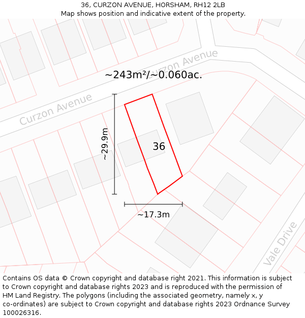 36, CURZON AVENUE, HORSHAM, RH12 2LB: Plot and title map
