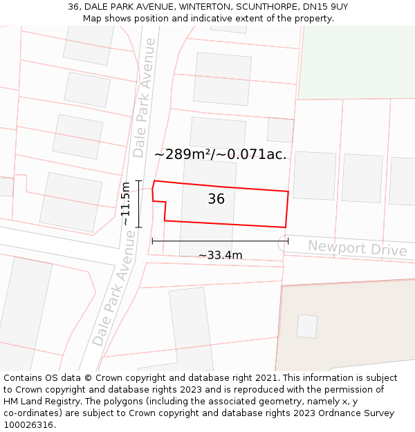 36, DALE PARK AVENUE, WINTERTON, SCUNTHORPE, DN15 9UY: Plot and title map