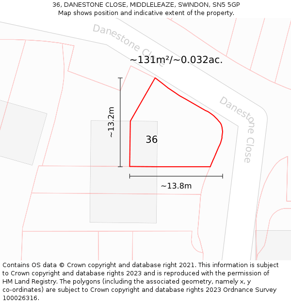 36, DANESTONE CLOSE, MIDDLELEAZE, SWINDON, SN5 5GP: Plot and title map
