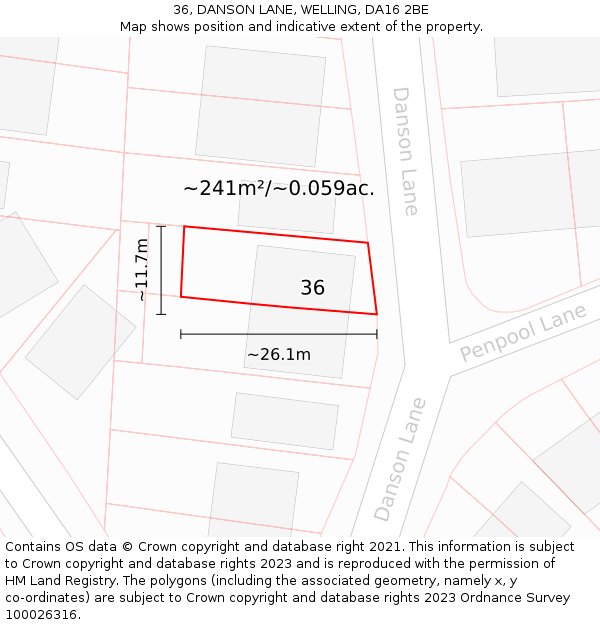 36, DANSON LANE, WELLING, DA16 2BE: Plot and title map