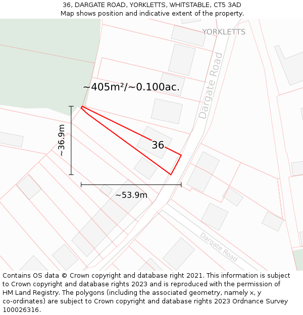 36, DARGATE ROAD, YORKLETTS, WHITSTABLE, CT5 3AD: Plot and title map
