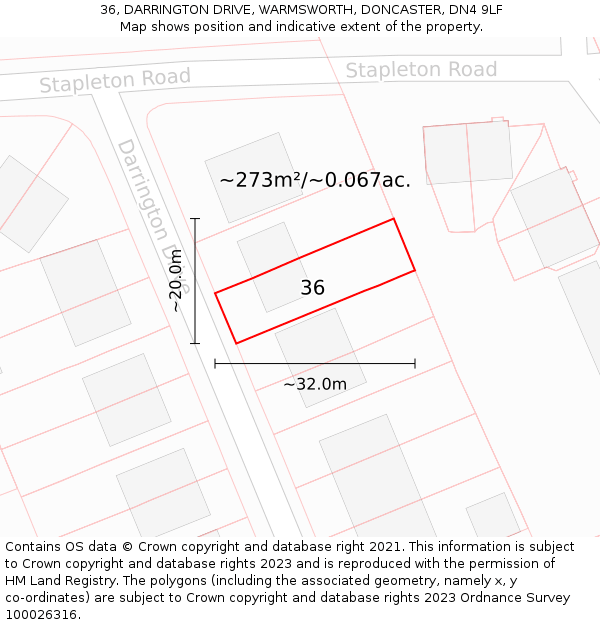 36, DARRINGTON DRIVE, WARMSWORTH, DONCASTER, DN4 9LF: Plot and title map