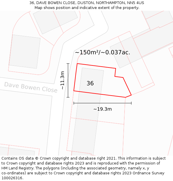 36, DAVE BOWEN CLOSE, DUSTON, NORTHAMPTON, NN5 4US: Plot and title map