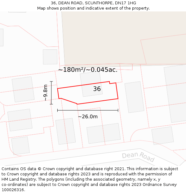 36, DEAN ROAD, SCUNTHORPE, DN17 1HG: Plot and title map