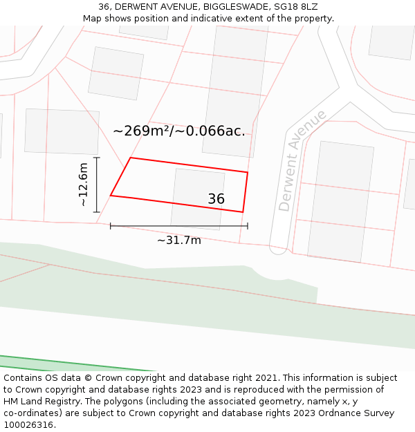 36, DERWENT AVENUE, BIGGLESWADE, SG18 8LZ: Plot and title map