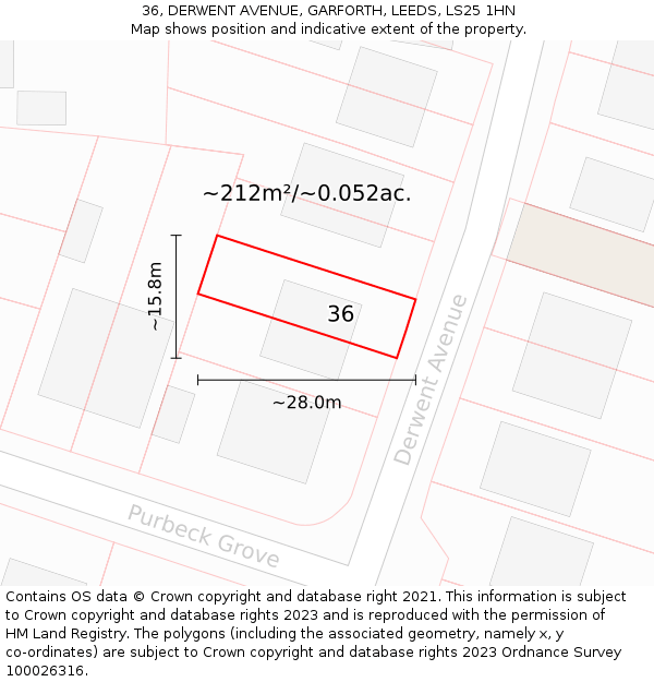 36, DERWENT AVENUE, GARFORTH, LEEDS, LS25 1HN: Plot and title map
