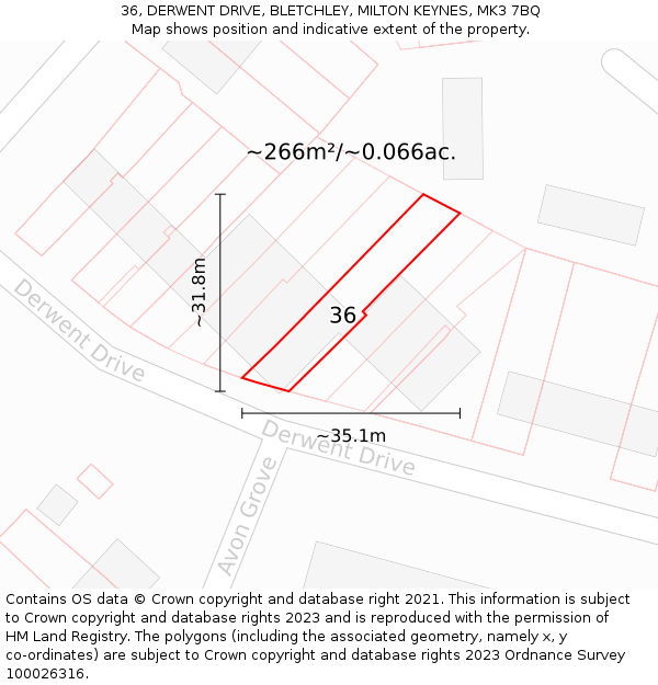 36, DERWENT DRIVE, BLETCHLEY, MILTON KEYNES, MK3 7BQ: Plot and title map