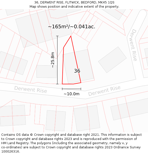 36, DERWENT RISE, FLITWICK, BEDFORD, MK45 1QS: Plot and title map