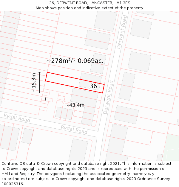 36, DERWENT ROAD, LANCASTER, LA1 3ES: Plot and title map