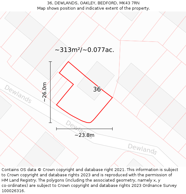 36, DEWLANDS, OAKLEY, BEDFORD, MK43 7RN: Plot and title map