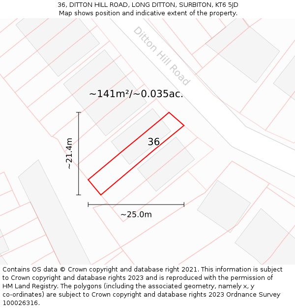 36, DITTON HILL ROAD, LONG DITTON, SURBITON, KT6 5JD: Plot and title map