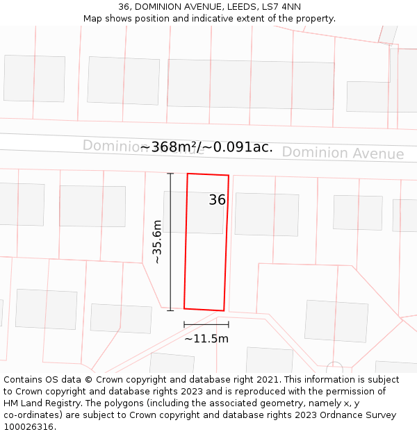 36, DOMINION AVENUE, LEEDS, LS7 4NN: Plot and title map