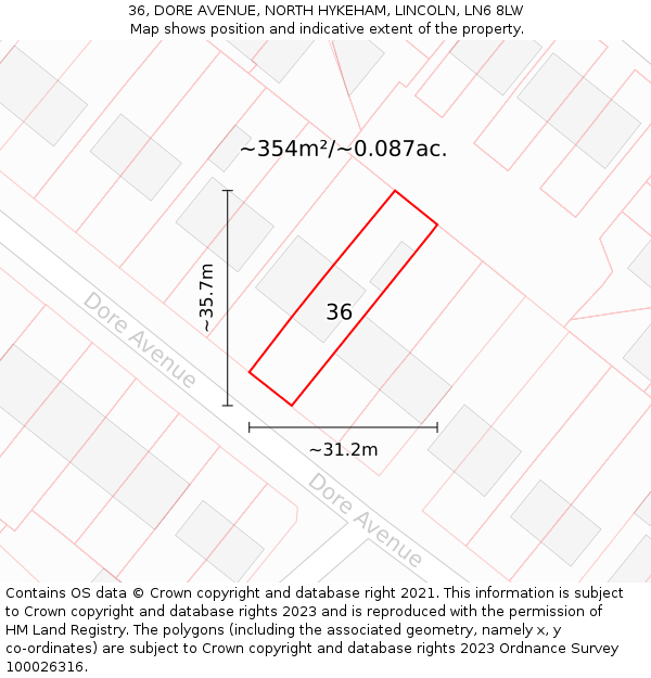 36, DORE AVENUE, NORTH HYKEHAM, LINCOLN, LN6 8LW: Plot and title map