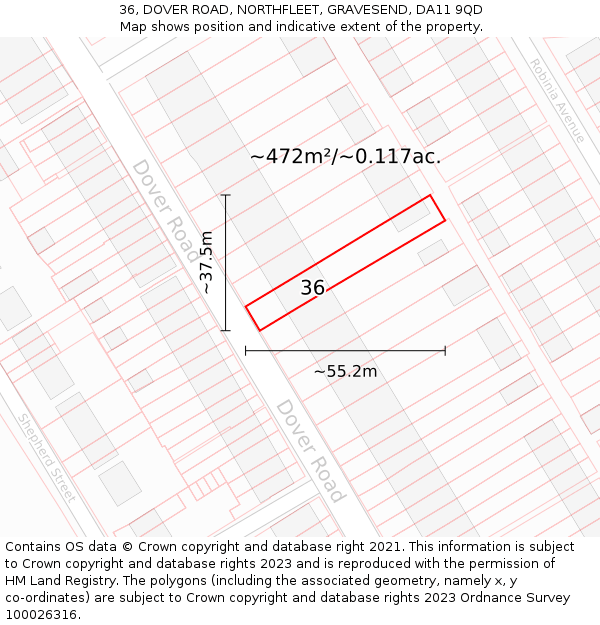 36, DOVER ROAD, NORTHFLEET, GRAVESEND, DA11 9QD: Plot and title map