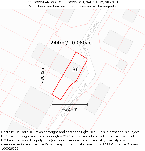 36, DOWNLANDS CLOSE, DOWNTON, SALISBURY, SP5 3LH: Plot and title map