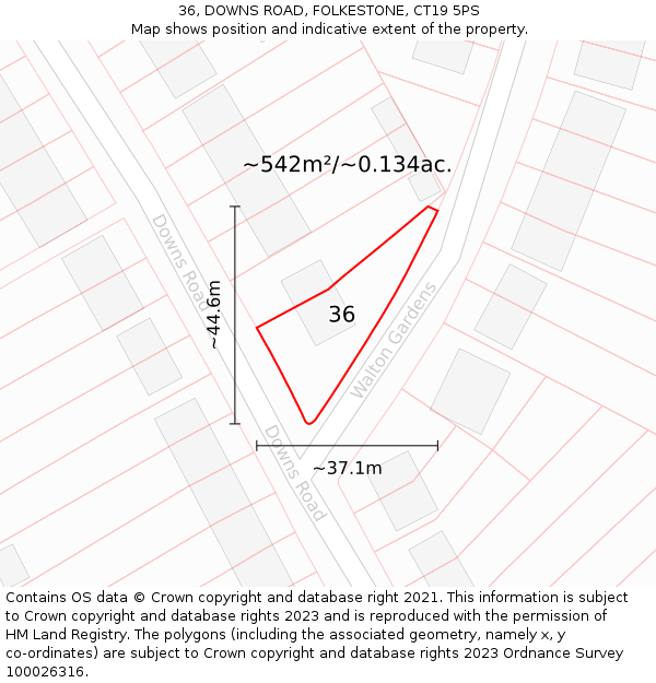 36, DOWNS ROAD, FOLKESTONE, CT19 5PS: Plot and title map