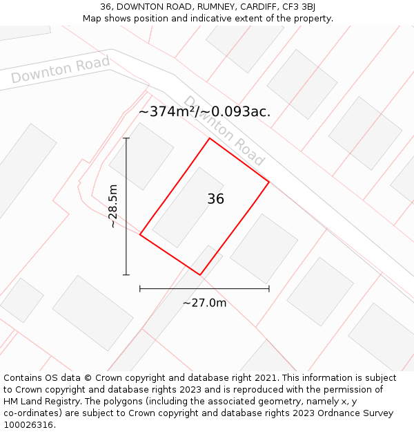36, DOWNTON ROAD, RUMNEY, CARDIFF, CF3 3BJ: Plot and title map