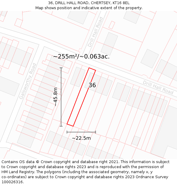 36, DRILL HALL ROAD, CHERTSEY, KT16 8EL: Plot and title map