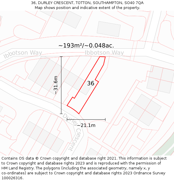 36, DURLEY CRESCENT, TOTTON, SOUTHAMPTON, SO40 7QA: Plot and title map