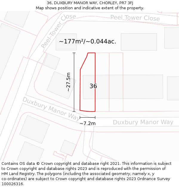 36, DUXBURY MANOR WAY, CHORLEY, PR7 3FJ: Plot and title map