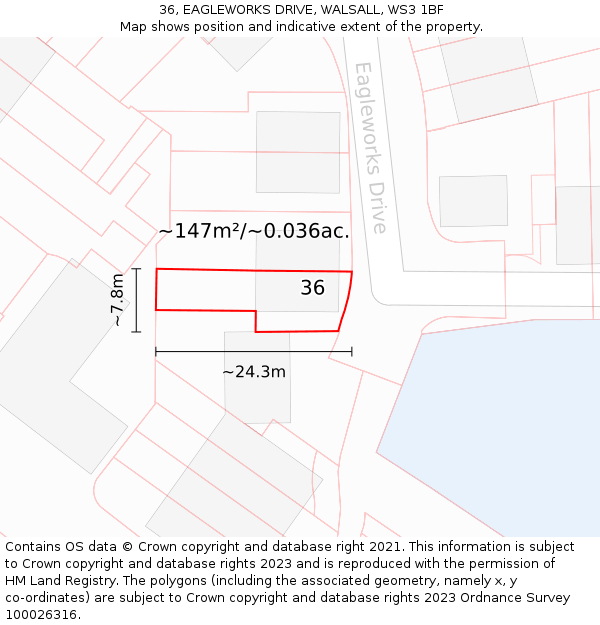 36, EAGLEWORKS DRIVE, WALSALL, WS3 1BF: Plot and title map