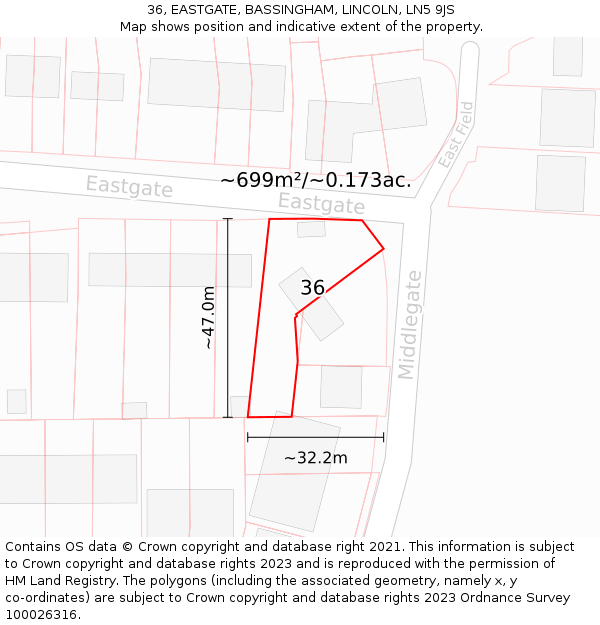 36, EASTGATE, BASSINGHAM, LINCOLN, LN5 9JS: Plot and title map