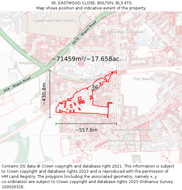 36, EASTWOOD CLOSE, BOLTON, BL3 4TG: Plot and title map