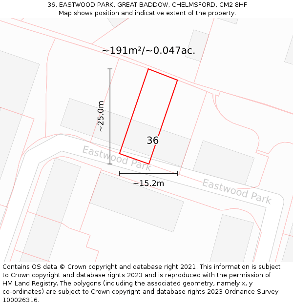 36, EASTWOOD PARK, GREAT BADDOW, CHELMSFORD, CM2 8HF: Plot and title map