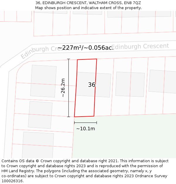 36, EDINBURGH CRESCENT, WALTHAM CROSS, EN8 7QZ: Plot and title map